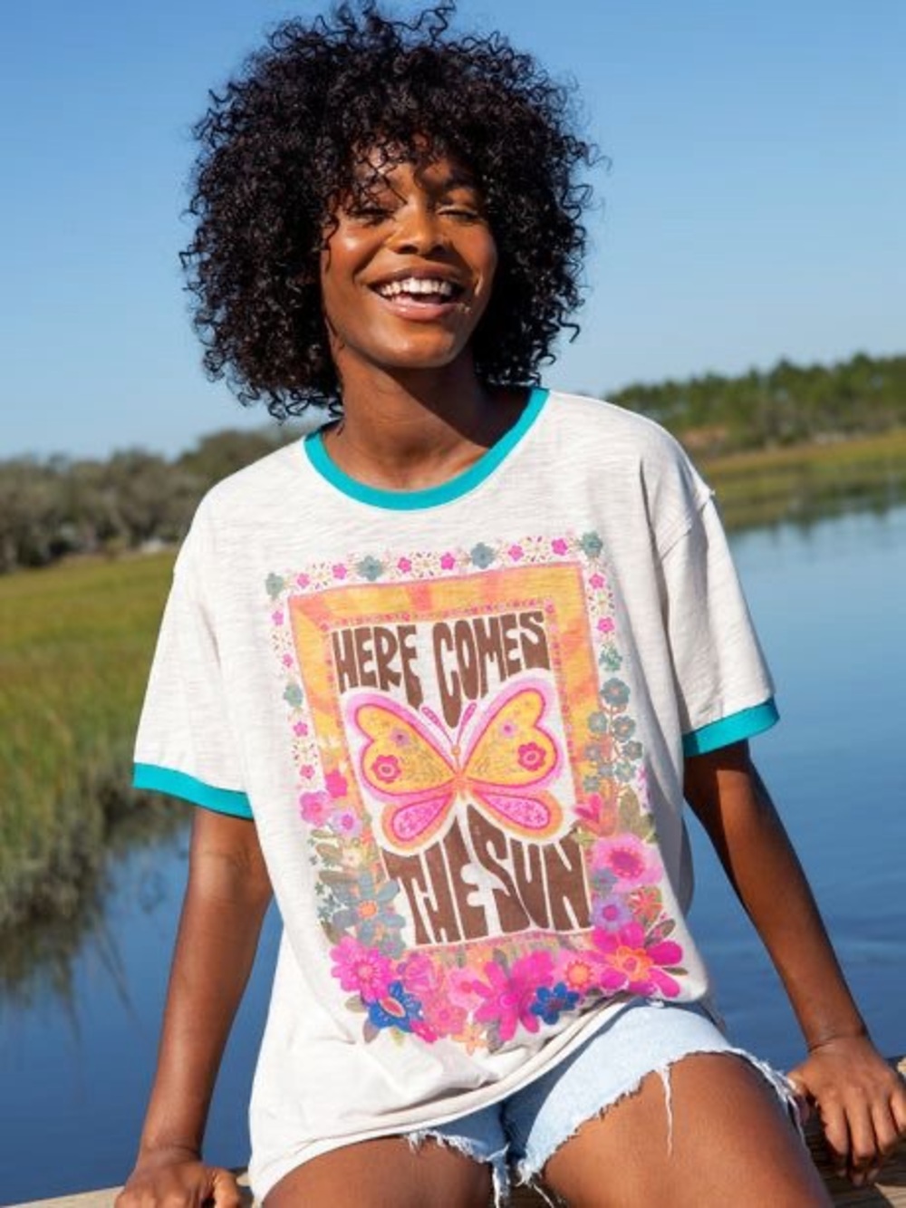 NATURAL LIFE “Here Comes The Sun” Floral Butterfly Ringer T-Shirt